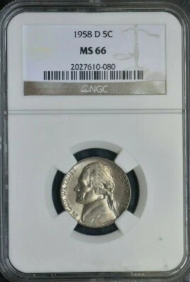 1958 D - JEFFERSON NICKEL - NGC MS66 - GEM UNCIRCULATED - Image 1 of 4