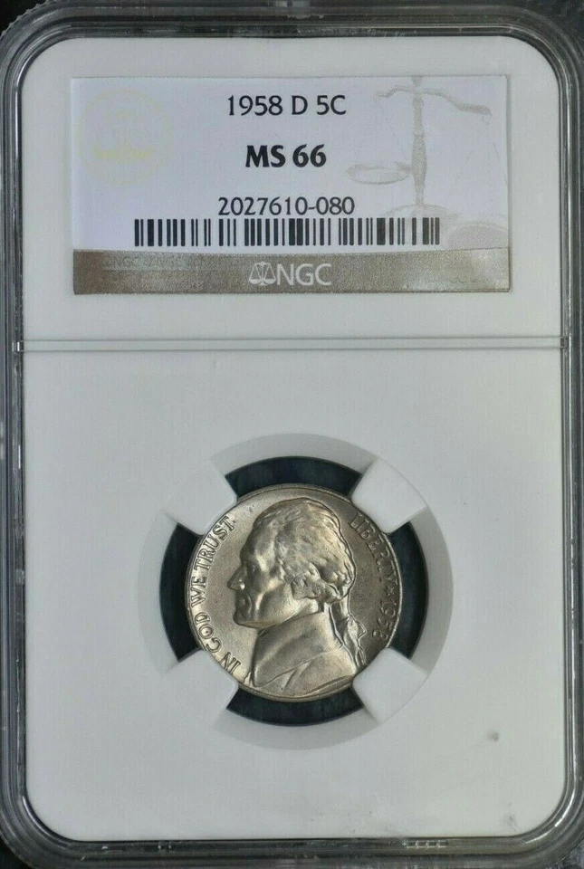 1958 D - JEFFERSON NICKEL - NGC MS66 - GEM UNCIRCULATED - Image 1 of 4