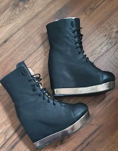 RARE Jeffrey Campbell Back-Off Black/silver laced wedge leather Boots US7/UK5 - Picture 1 of 5