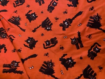 Tela artesanal vintage costura Halloween naranja y negro gatos asustados por yarda Foto 1 de 2