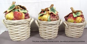 LOT 3 VTG FITZ & FLOYD Ceramic CANISTER SET Country Gourmet Baskets, Fruit Lids - Picture 1 of 6