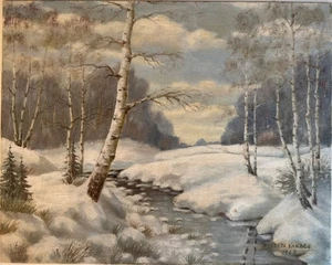 Pintura al óleo Robert's Vanags 1968 "Ziema" paisaje nevado invierno abedules - Imagen 1 de 18