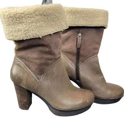 Nicole Platform Suede Boots 7.5 Brown Sherpa Leather Shoes Heel Mid Calf Women M - Image 1 of 4