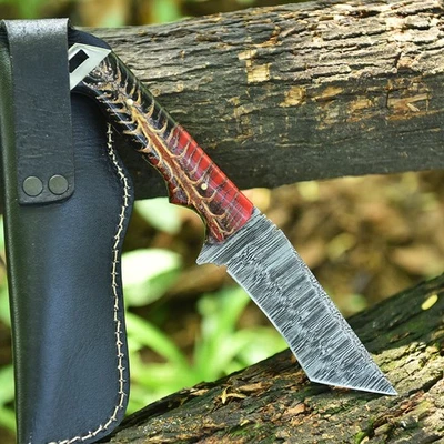 BG KNIVES 8.8" Damascus Steel Pine Cone Resin Hunting Handmade Knife with Engraved Sheath