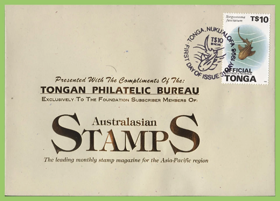 Tonga 1996 T$10 - Variegated shark, Official ovpt. on First Day Cover - Image 1 of 1