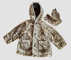 Y2K Kids Leopard Print Jacket Wilsons Leather Coat Faux Fur Removable Scarf SM - Picture 1 of 6
