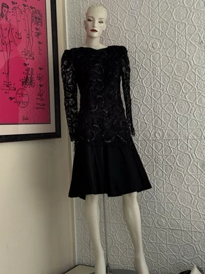 复古礼服 20 世纪 80 年代黑色亮片 Glam 鸡尾酒会 Coquette Goth-S/M- — 第 1/4 张图片