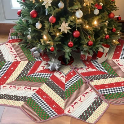 Motionchic 48 Primitive Quilted Pattern Farmhouse Christmas Tree Skirt Quilte... - Image 1 of 4