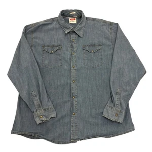 Wrangler Western Denim Shirt Pearl Snap Blue Mens 3XL Long Sleeve Stretch Cotton - Picture 1 of 10