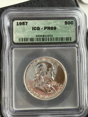1957 Franklin meio dólar PR69 ICG #3252810201 moeda fantástica ótimo preço - Imagem 1 de 4