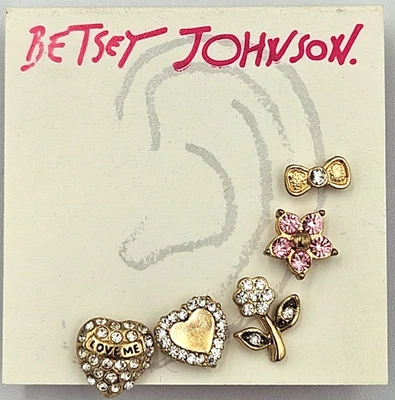 Betsey Johnson X6301 Goldtone Bow, Pave Heart & Flower Stud Earrings Set of 5 - Image 1 of 4