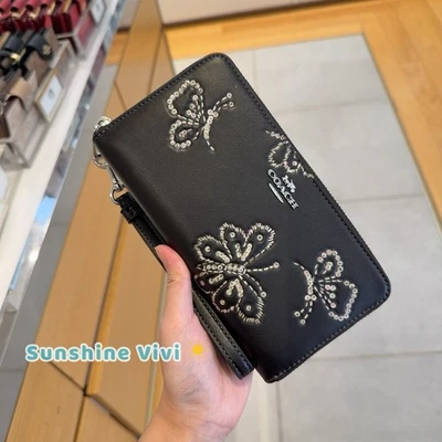 NUEVO CON ETIQUETAS COACH Cartera de Cuero Larga con Cremallera Alrededor con Estampado de Mariposa Negra CCL39 Foto 1 de 4