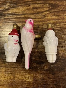 3 Vintage Figural Snowman Santa Parrot Light Bulb Christmas Milk Glass 120V - Picture 1 of 3