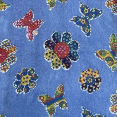 Butterflies Flowers 1.75 yards Cotton Fabric Retro Vibe Blue Floral Multicolored - Image 1 of 4