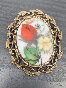 Vintage White Milk Glass Cameo Flower Red Rose Bouquet Multi Color Pin Brooch - Picture 1 of 9