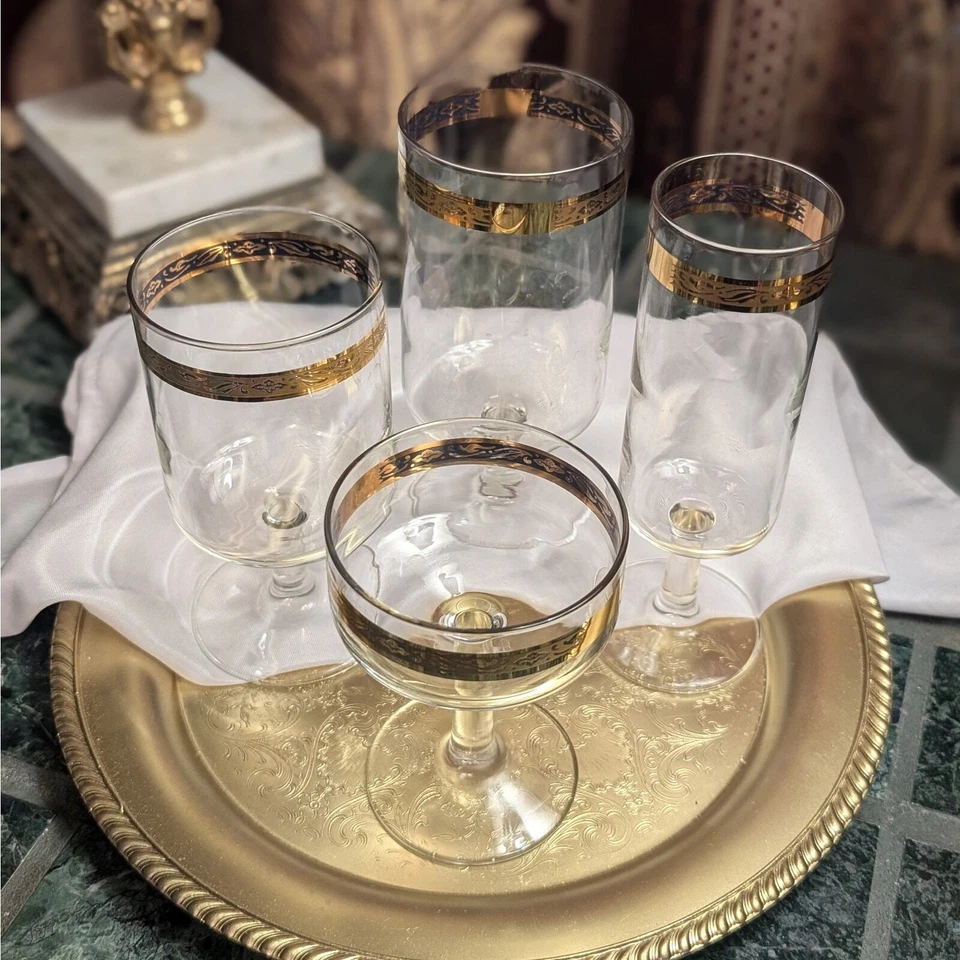 Vasos de cristal Libbey MCM vintage Heritage 4 piezas vajilla en relieve oro 22K Foto 1 de 4