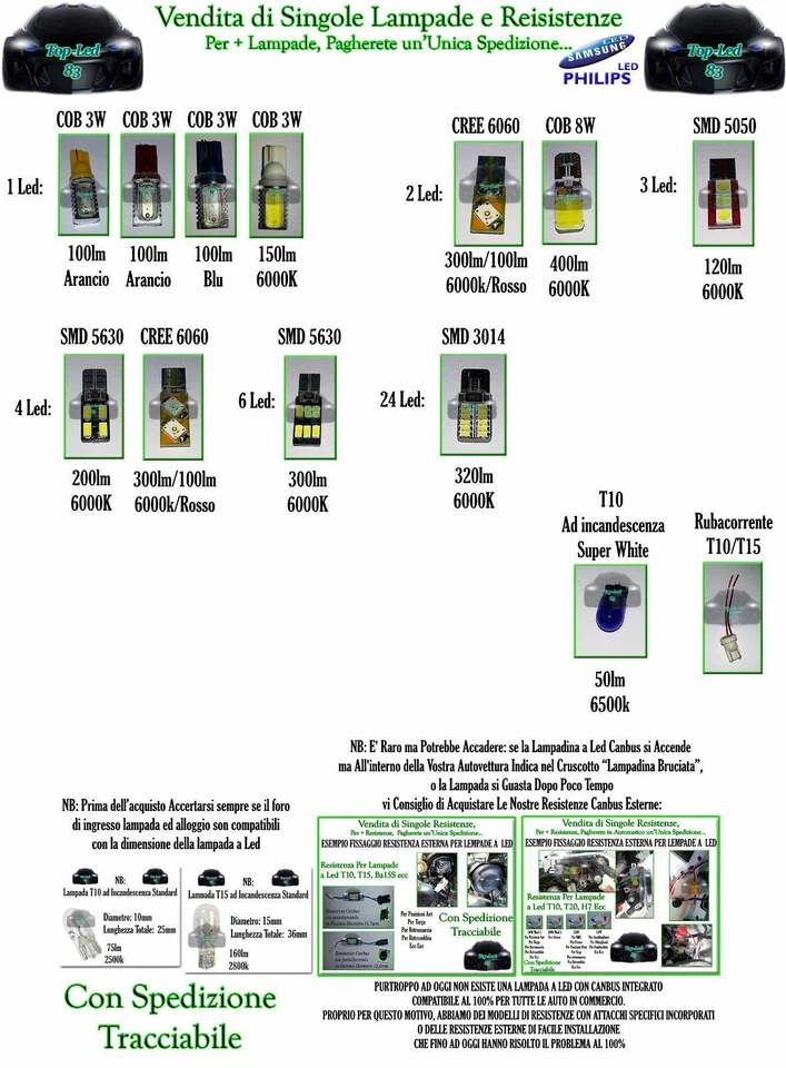 Lampada T10 / T15  con Led Laterali (COB-CREE-SMD) 120-1600LM - Immagine 1 di 1