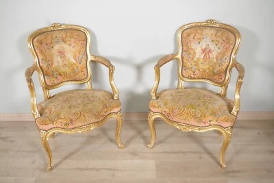 Fauteuils bois doré style Louis XV petit point - Photo 1/4