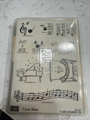 Stampin' Up 2002 Я ЛЮБЛЮ МУЗЫКУ, 9 шт. РЕЗИНОВЫЕ ЧЕРНИЛА ДЕРЕВЯННЫЙ НАБОР ШТАМПОВ - Изображение 1 из 4