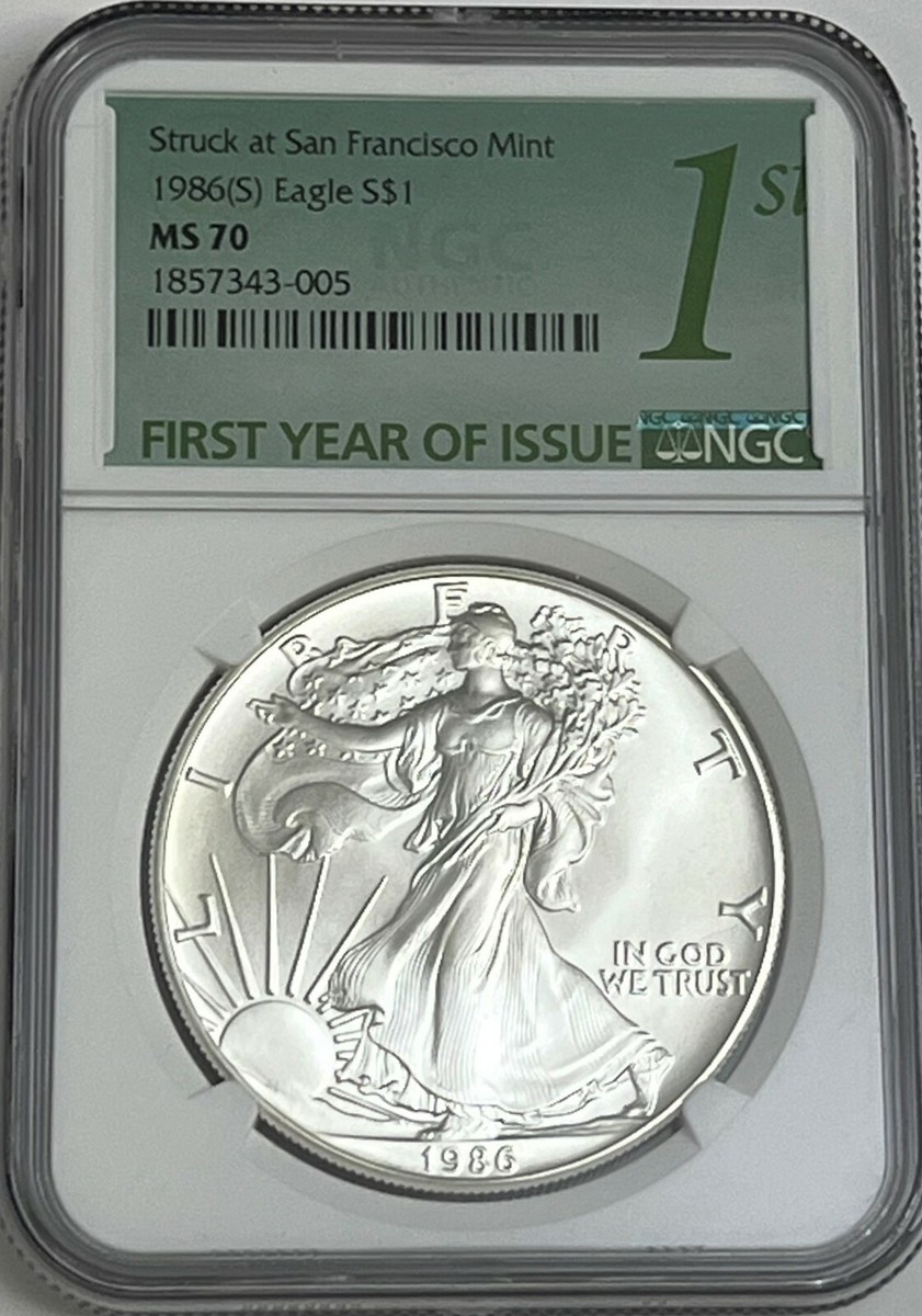 超レア！巨大BIG 70's〜ネイティブアメリカン イーグル鷲USAヴィンテージ 1986 MS 70 Graded American Eagle Silver Bullion Coins for