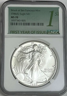 1986 (S) NGC MS70 $1 Silver Eagle 1 Oz Struck at San Fransico First Year Issue - Image 1 of 3