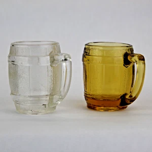 Vintage Miniature Mug Shot Glass Root Beer Keg Barrel-Shaped Set Clear and Amber - Picture 1 of 4
