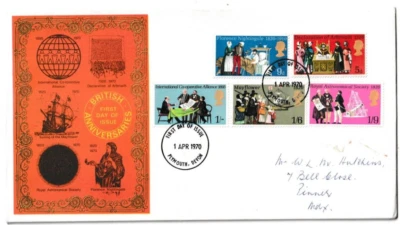 1/4/1970 UK GB FDC - General Anniversaries - 5 Anniversaries - Plymouth FDI P/M - Image 1 of 2