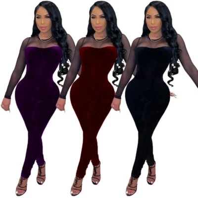 Fall Winter Sexy Womens Solid Color Velvet and Mesh Patchwork Nightclub Jumpsuit - Image 1 of 4