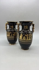 Pair of Vintage Greek Black & Gold Ceramic Vases - Made in Greece - Picture 1 of 6