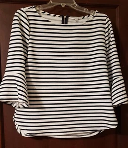 Green Envelope Women's Top L B/W Stripes 3/4 Sleeve w/Flare Boat Neck w/Zipper - Picture 1 of 6