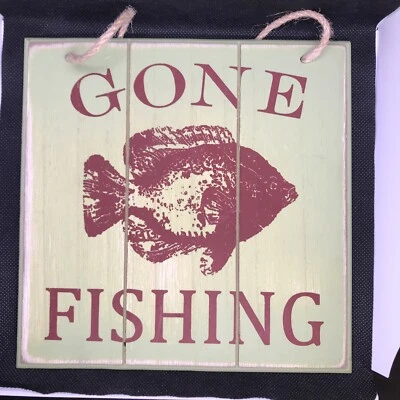 GONE FISHING RUSTIC WOOD SIGN,  Beach house Decor - Lime Green And Red - Bream - Image 1 of 4