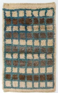 Handmade Blue, Gray and Ivory Checkered Tulu Rug. 100% Wool in Finest Quality - Picture 1 of 12