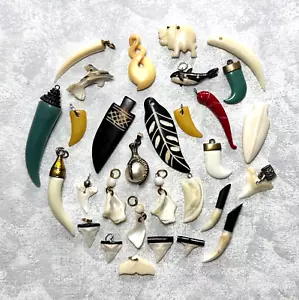 Lot of 30 Mixed Materials Shark Tooth Tusk Tribal Whale Pendants Charms Vintage - Picture 1 of 6