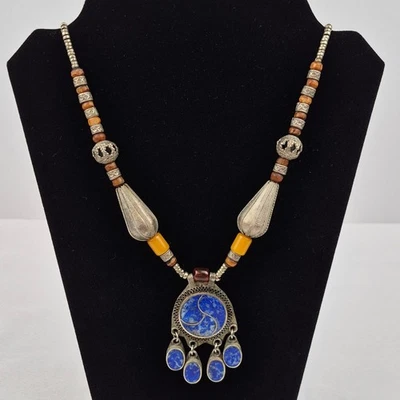 Tribal Boho Kuchi Style Necklace 28" Blue Glass Dangle Pendant Ethnic Vtg - Image 1 of 4