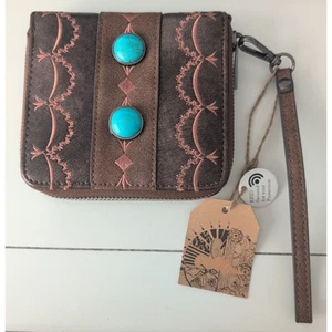 Trenditions Catchfly Brown Wallet Wristlet Brown Embroidered Turquoise NWT - Picture 1 of 8