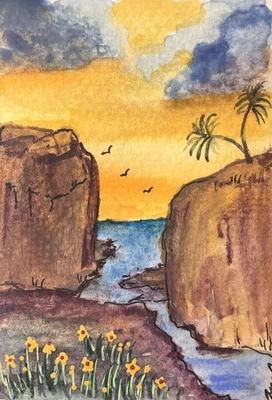 Mini Acuarela ACEO - Tarjeta de Arte Original Inspirada en el Océano Puesta de Sol Foto 1 de 2