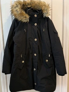 Michael Kors Jacket Womens XL Black Puffer Hooded Winter Coat Down Faux Fur Trim - Picture 1 of 8