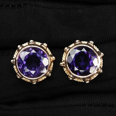 Preciosos pendientes redondos de espinela violeta de 7,40 quilates de plata de ley 925 de oro vainilla Foto 1 de 4