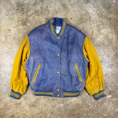 Chaqueta Universitaria LA Studio De Colección Para Hombre Mediana Azul Dorado Lana Cuero Bombardero Foto 1 de 4