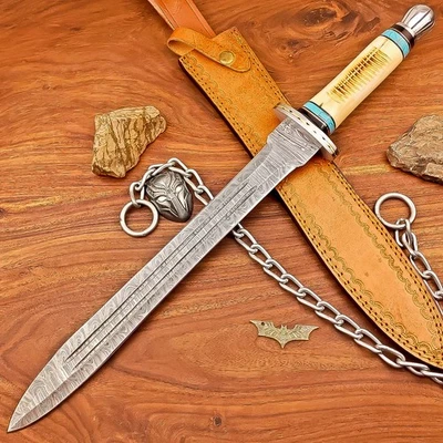 Cuchillo espada afilado de doble filo hoja de acero Damasco hecho a mano - Coleccionable -7553 Foto 1 de 4