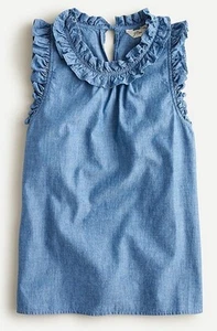 J. Crew Ruffle Trim Chambray Top Size XS Denim Tie Back Classic Coastal Preppy - Picture 1 of 6