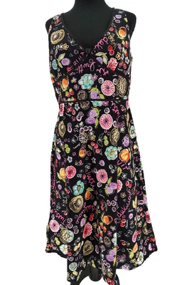 Karen Stevens Tutti-Frutti Black Novelty Fit&Flare Dress SZ- 12 Back Zip V-Neck - Image 1 of 4