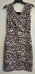 Adrianna Papell Dress Womens 10 Brown Black Animal Print Tiered V-Neck Sheath - Picture 1 of 11
