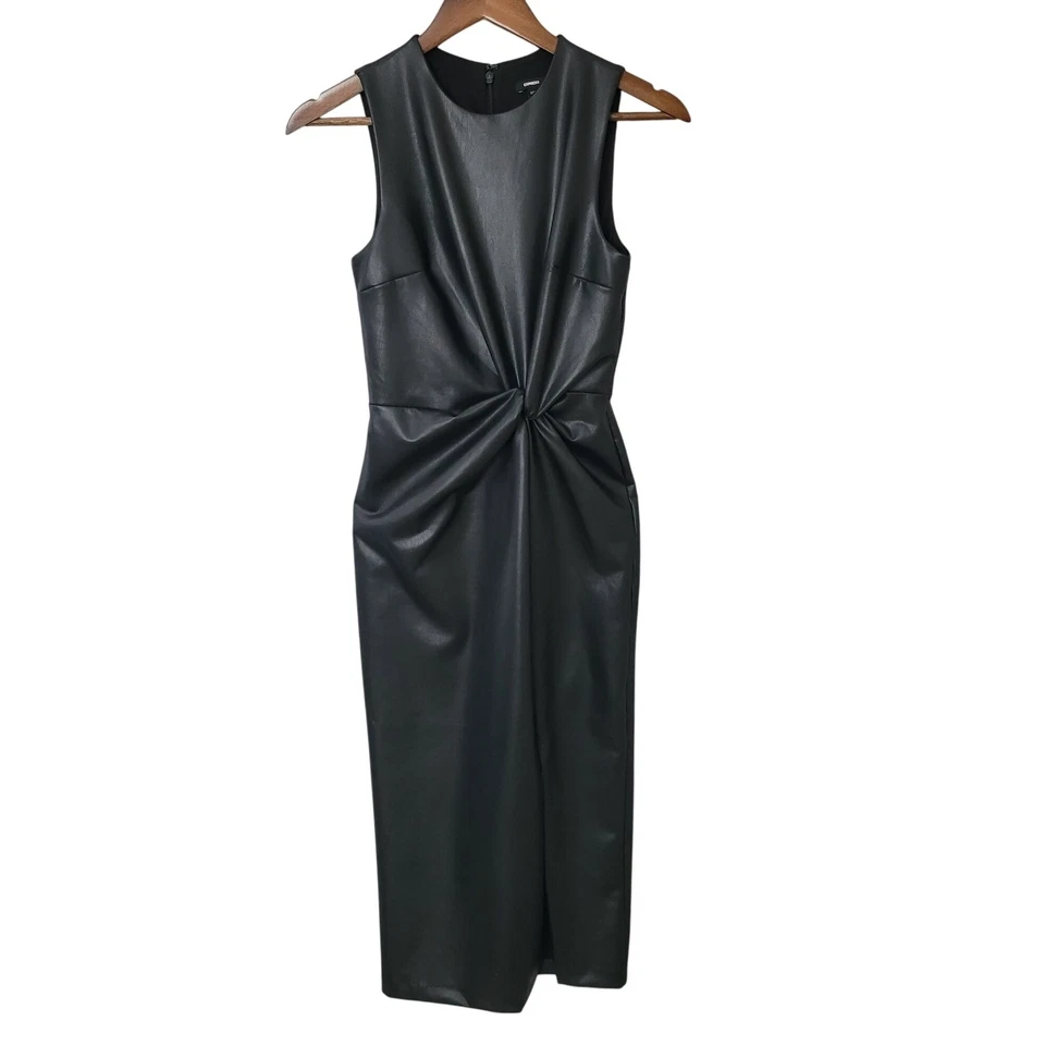 Vestido midi Express imitación cuero torcido delantero talla XS negro sin mangas ceñido al cuerpo  Foto 1 de 4