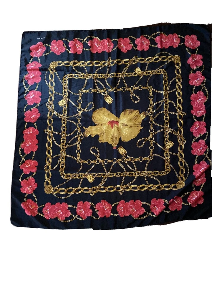 Bufanda de hibisco rosa floral vintage años 80 Hawaii 34" cuadrada negra Foto 1 de 4
