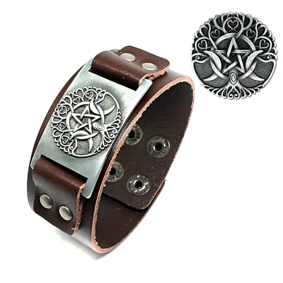 Tree of Life Pentacle Moon Cuff Leather Bracelet With Hearts Unisex Jewellery - Image 1 of 4