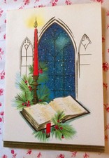 Vintage 1940s Christmas Greeting Card Indigo Beaded Church Window, Candle, Pine