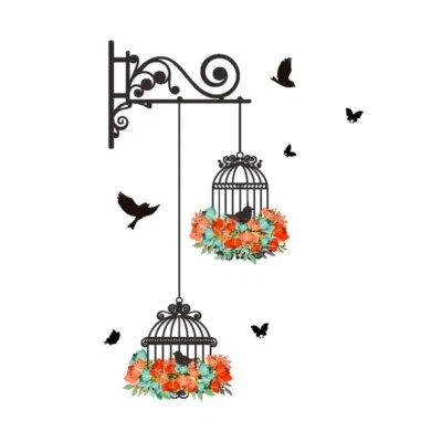 Colorful Flower birdcage flying birds wall, Sticker with Flying Birds and Cage - Image 1 of 4