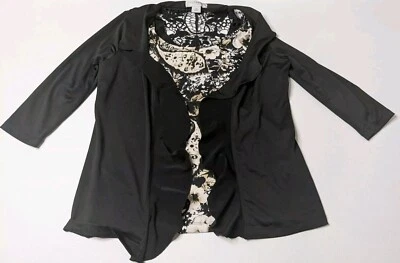 Sag Harbor 女式 PS 黑色连体花卉几何图案 3/4 袖 — 第 1/4 张图片