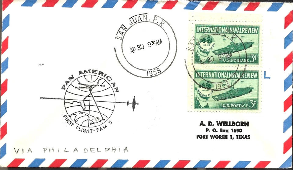 First FAM Airmail Flight San Juan PR - Philadelphia April 30 1958 AAMC#F5-228B - Image 1 of 1